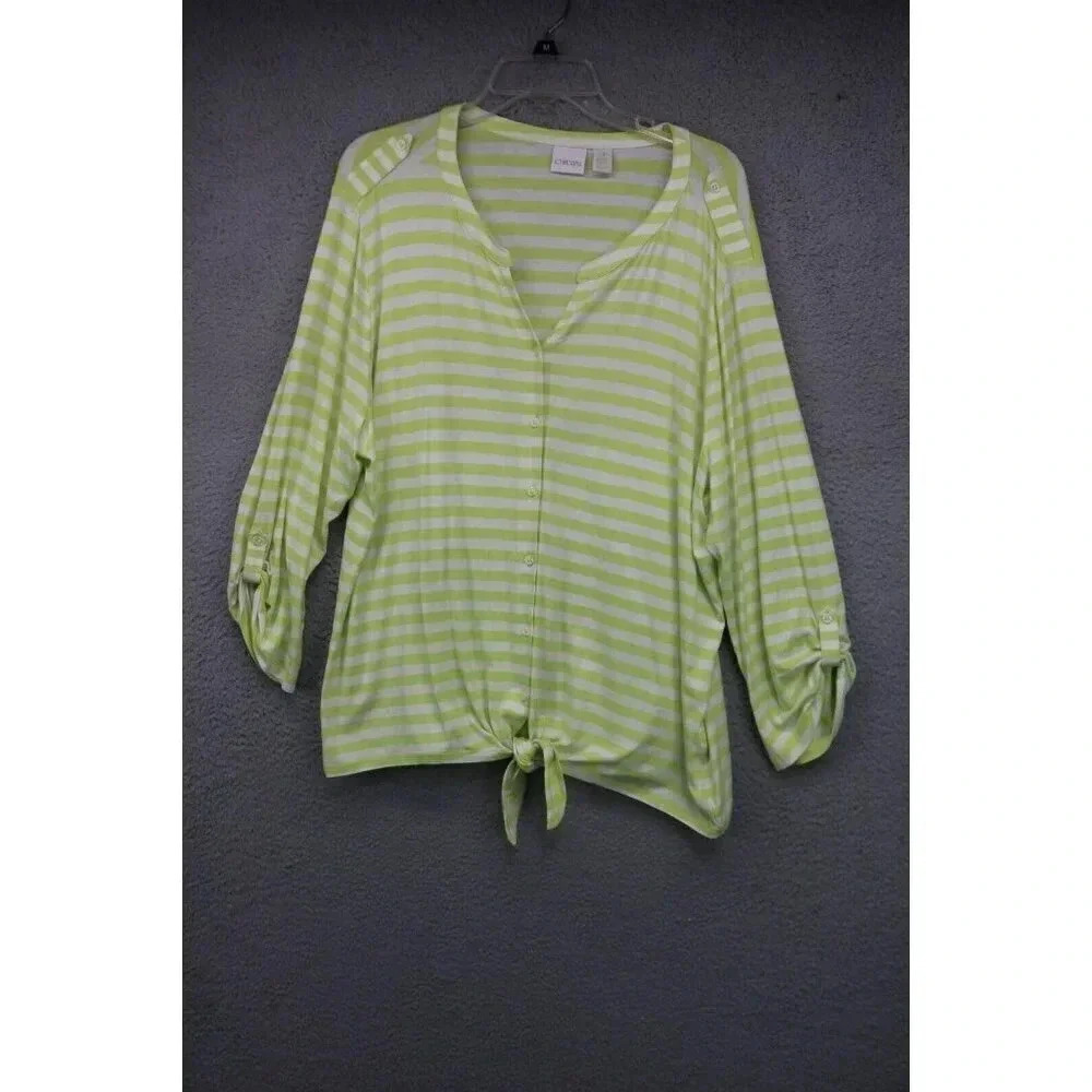 Chico's Roll Tabbed Sleeves Button Up Top-Size 3(XL)-Striped-Ties-Beachy